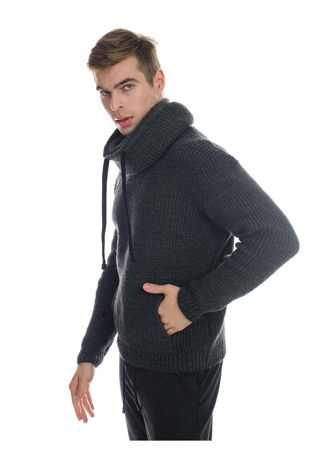 Темно-сірий демісезонний светр-кенгуру з об'ємним коміром SVTR