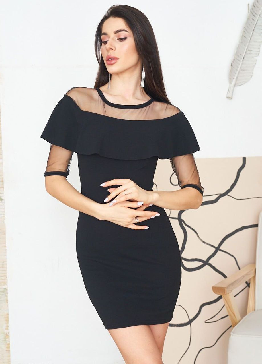 Чорна вечірня сукня міні з сітчастими вставками Liton однотонна