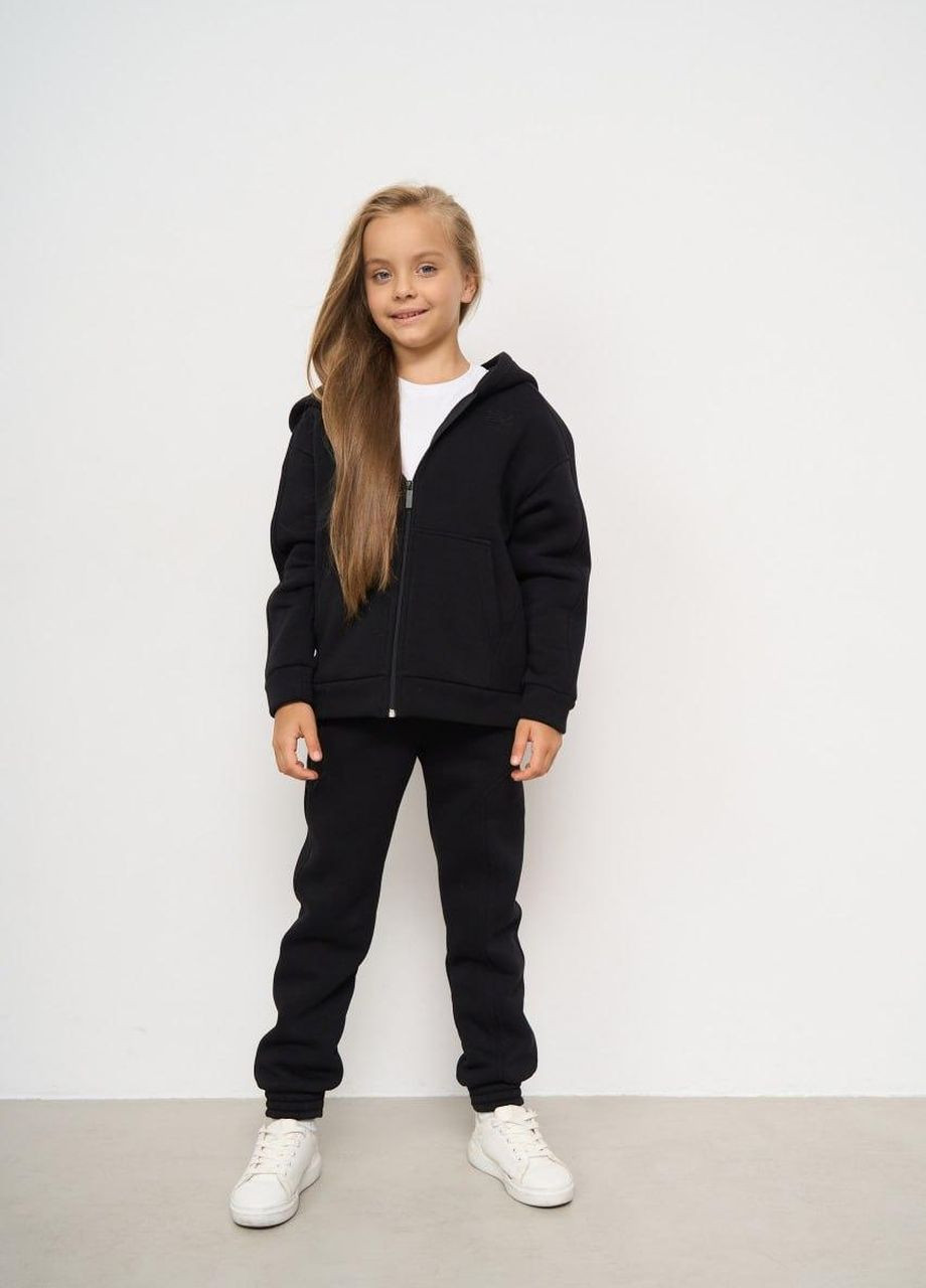 Теплый спортивный костюм детский на флисе для мальчика/девочки 116-158 кофта на молнии+брюки черный No Brand (264650004)