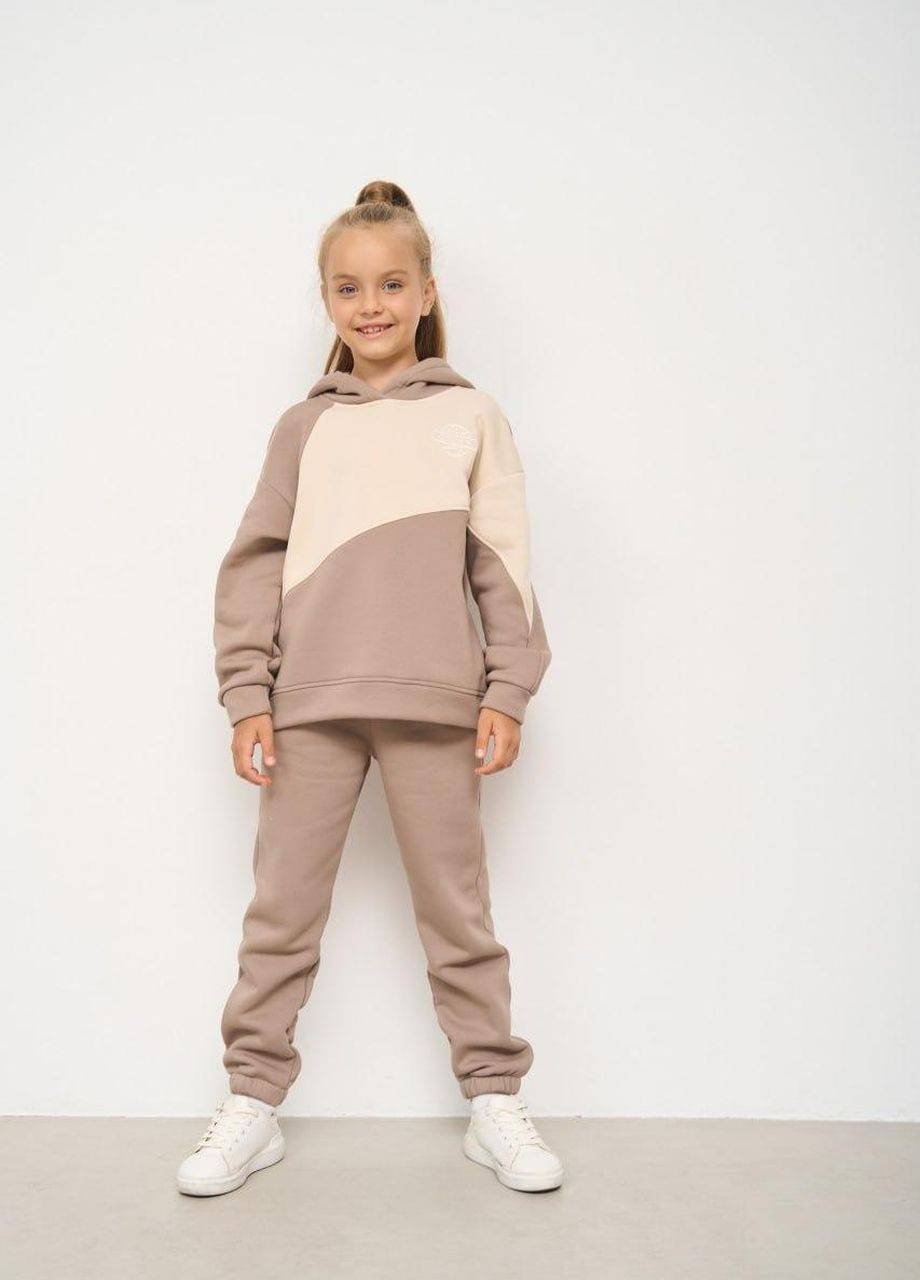 Спортивний костюм дитячий на флісі для дівчинки "Геометрія" 116-158 кофта+штани бежевий No Brand (264650000)