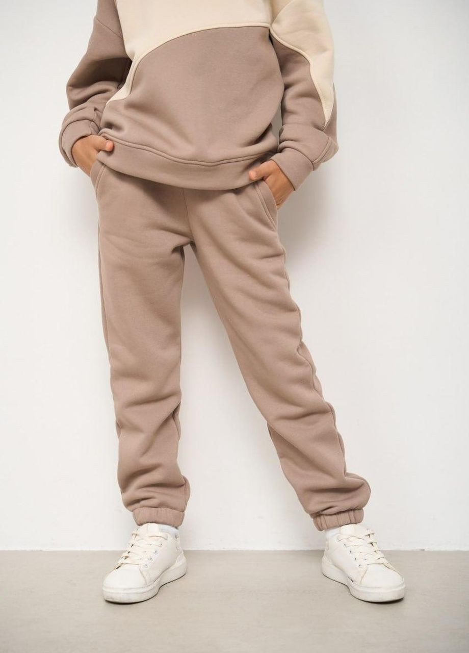 Спортивний костюм дитячий на флісі для дівчинки "Геометрія" 116-158 кофта+штани бежевий No Brand (264650000)