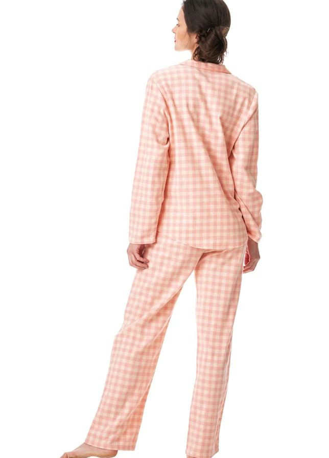 Персиковая зимняя фланелевая теплая женская пижама в клетку lns 442 b22 рубашка + брюки Key