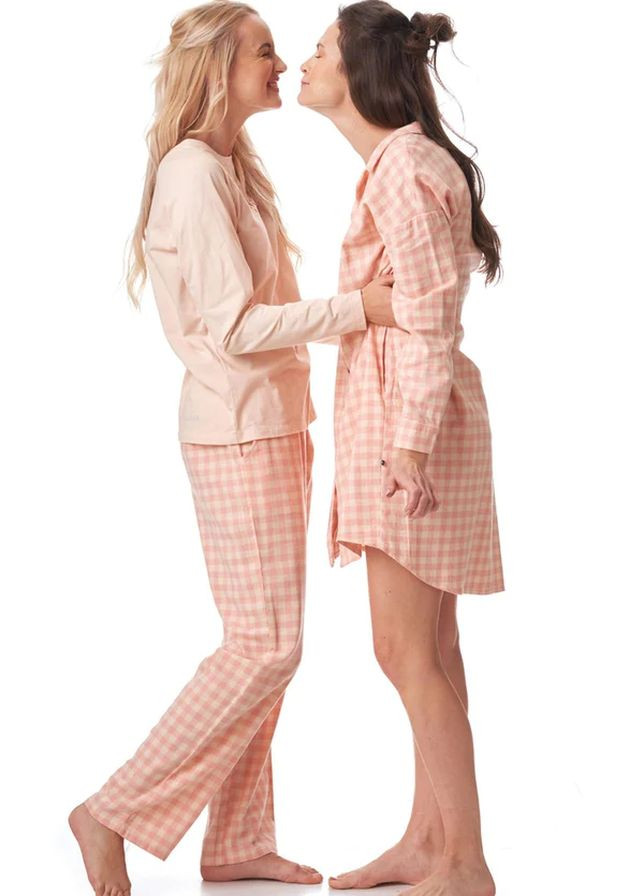 Персиковая фланелевая женская пижама со штанами в клетку lns 447 b23 лонгслив + брюки Key