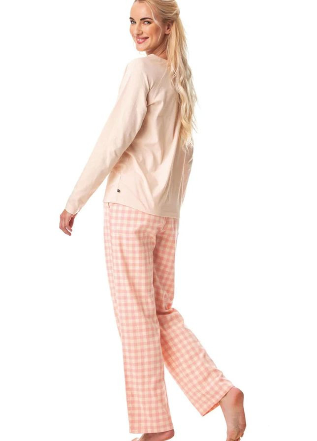 Персиковая фланелевая женская пижама со штанами в клетку lns 447 b23 лонгслив + брюки Key