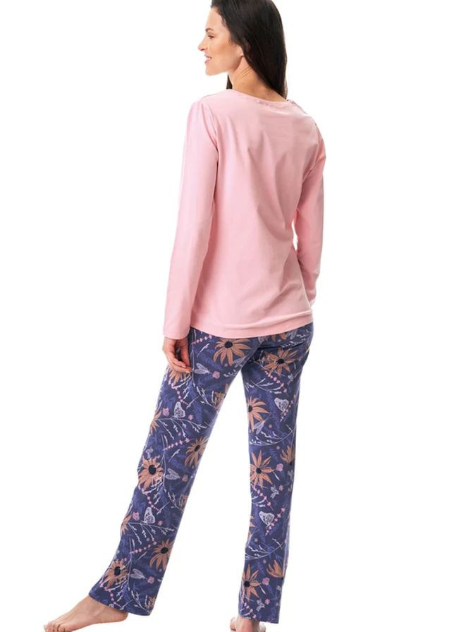 Розовая хлопковая женская пижама в цветы lns 252 b23 лонгслив + брюки Key