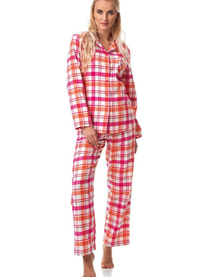 Розовая зимняя фланелевая теплая женская пижама в клетку lns 437 b23 рубашка + брюки Key