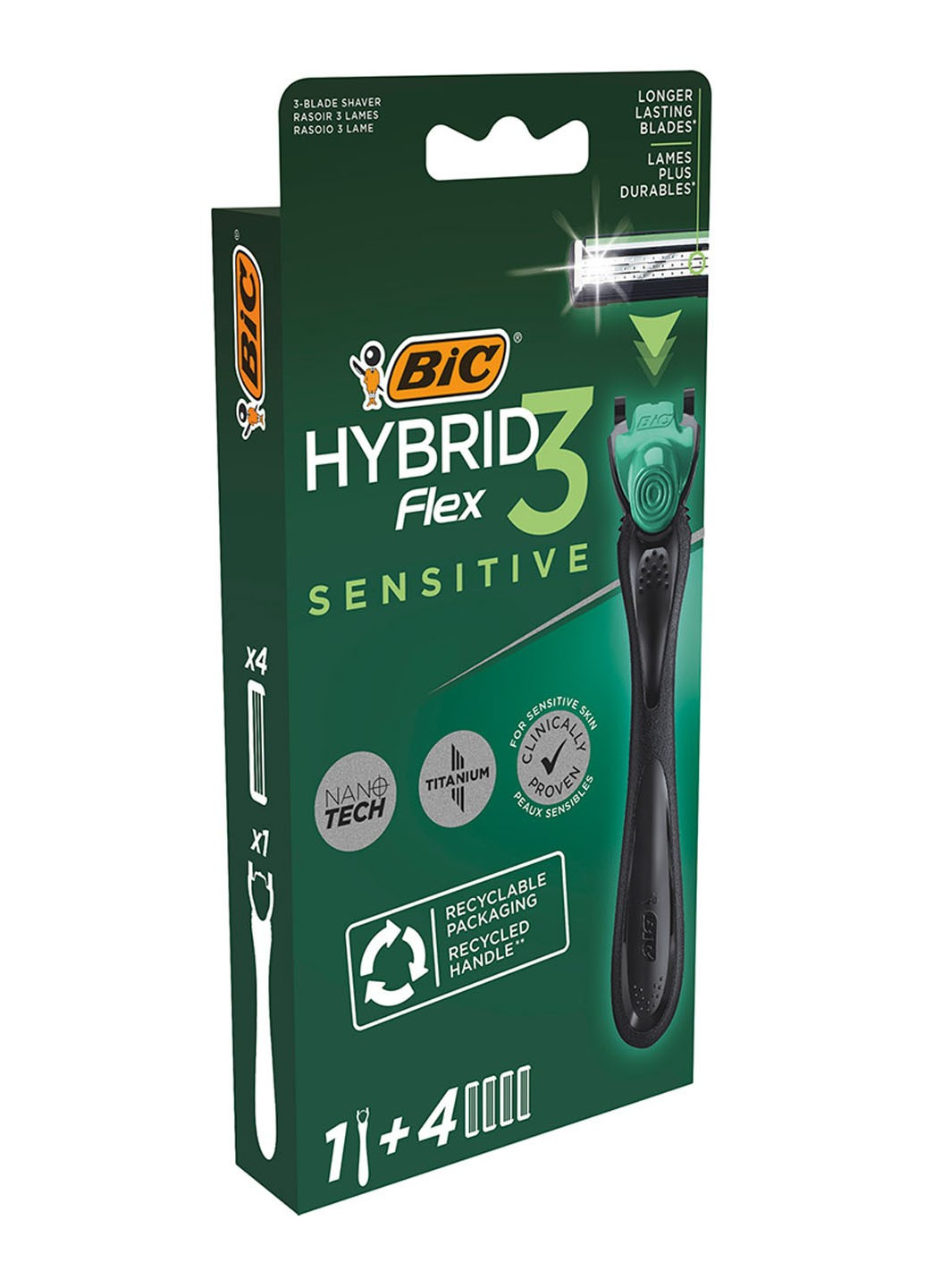 Станок для бритья мужской Flex 3 Hibrid Sensitive с 4 сменными картриджами Bic (264668465)