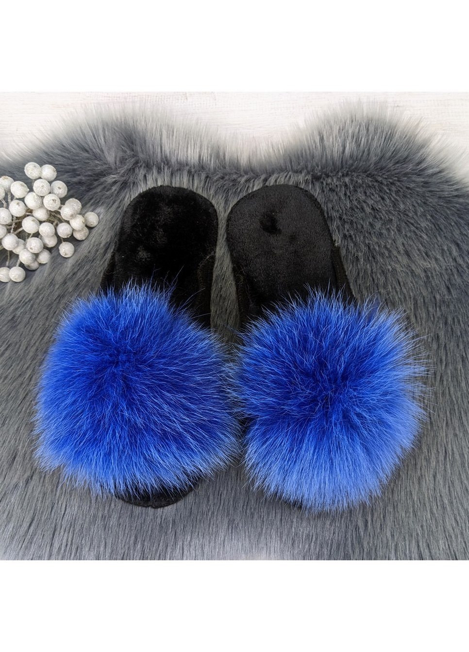 Синие тапочки женские войлочные для ламината с натуральным мехом Slippers с помпонами