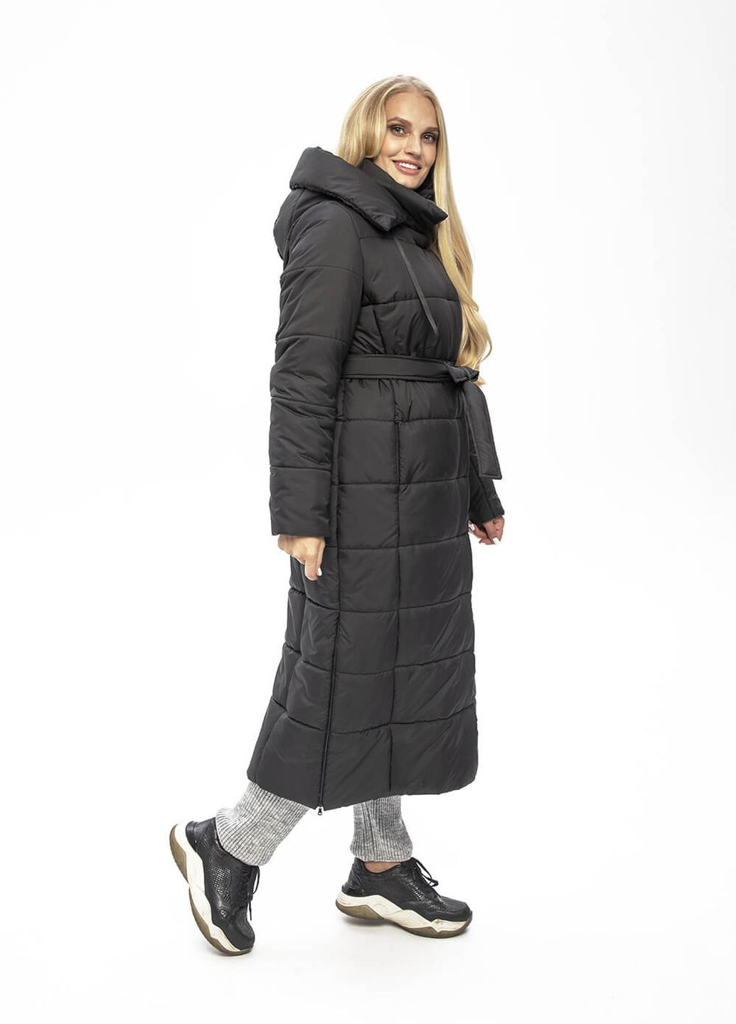 Черная зимняя куртка-пальто с капюшоном агата MioRichi