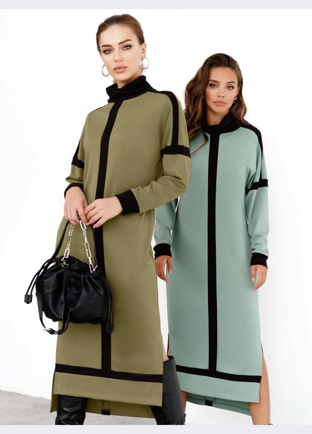 Оливкова (хакі) плаття кольору хакі з коміром-стійкою і контрастними вставками Dressa