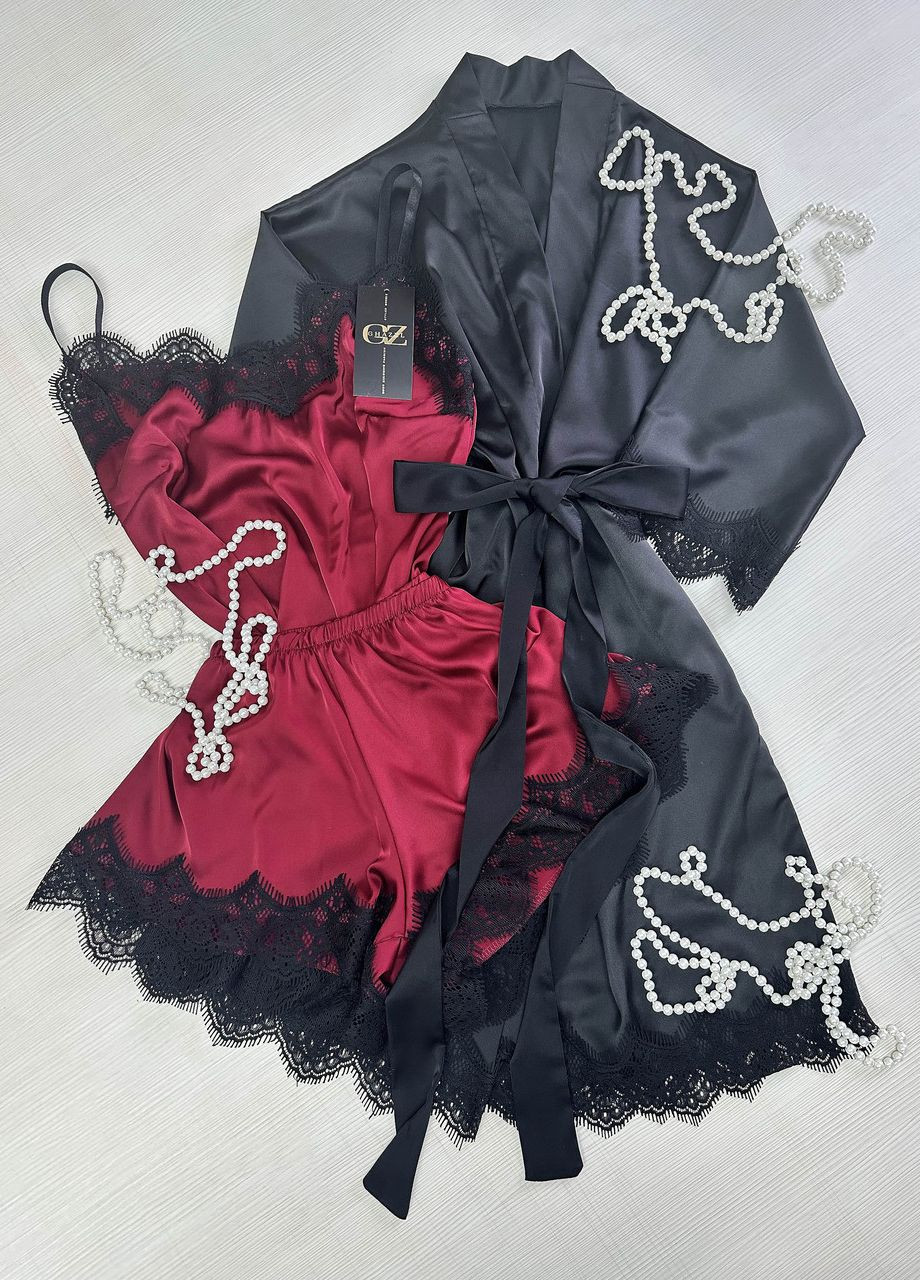 Черная всесезон шелковый домашний комплект шортики+майка+халат шелк с кружевом (тройка) 44 черный_бордовый (17111-157) Ghazel