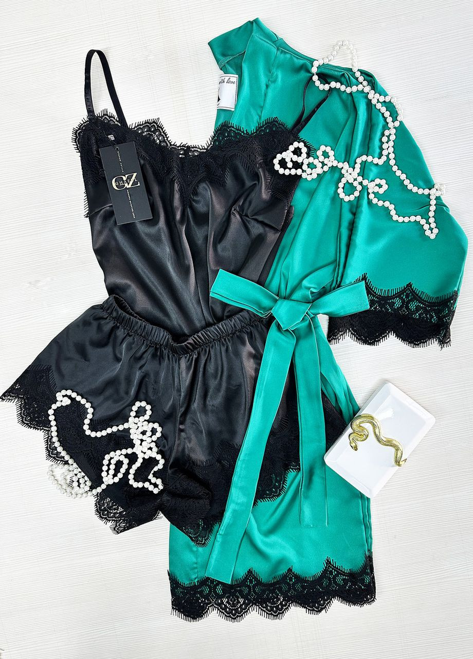 Зеленая всесезон шелковый домашний комплект шортики+майка+халат шелк с кружевом (тройка) 50 зеленый_черный (17111-157/8) Ghazel