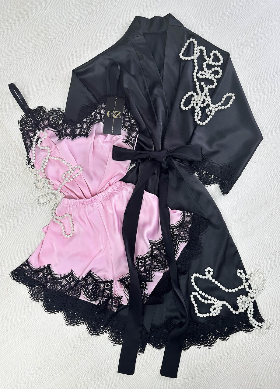 Рожева всесезон шовковий домашній комплект шортики+майка+халат шовк з мереживом (трійка) 42 чорний_рожевий (17111-157) Ghazel
