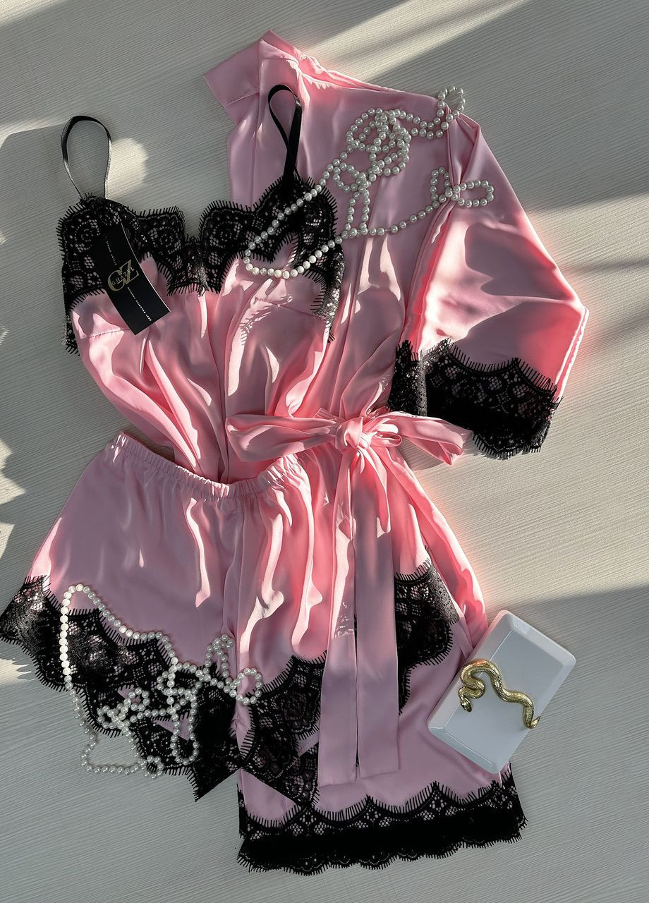 Розовая всесезон шелковый домашний комплект шортики+майка+халат шелк с кружевом (тройка) 50 розовый_розовый (17111-157/8) Ghazel
