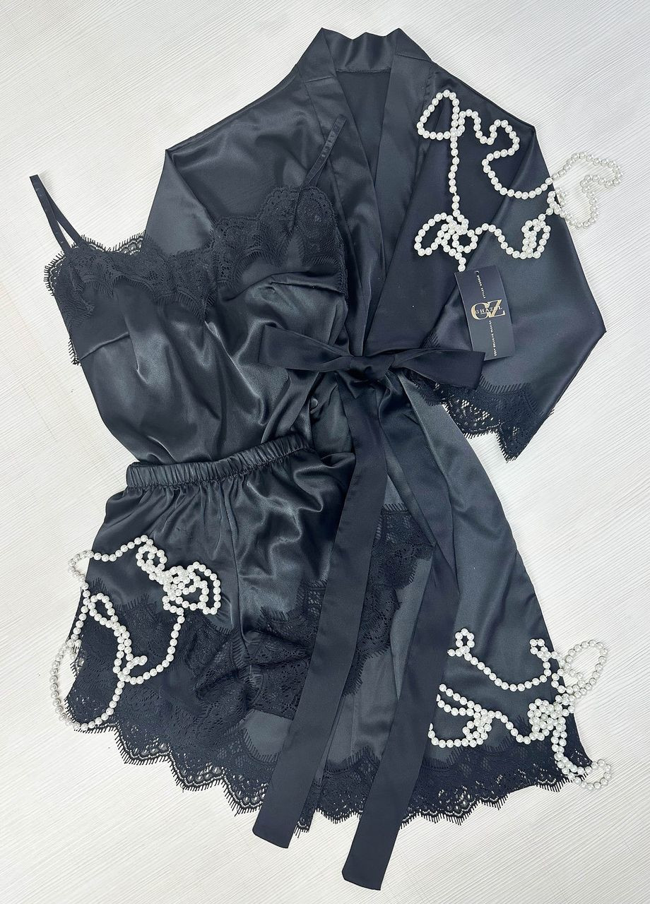 Чорна всесезон шовковий домашній комплект шортики+майка+халат шовк з мереживом (трійка) 48 чорний (17111-157/8) Ghazel
