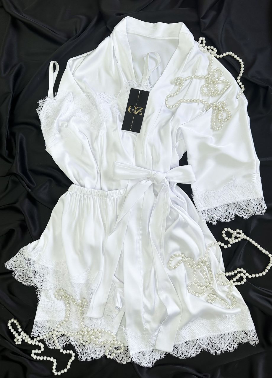 Белая всесезон шелковый домашний комплект шортики+майка+халат шелк с кружевом (тройка) 54 белый (17111-157/88) Ghazel