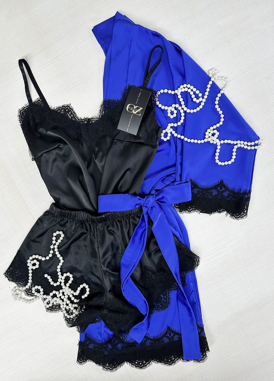 Синяя всесезон шелковый домашний комплект шортики+майка+халат шелк с кружевом (тройка) 46 синий_черний (17111-157/88) Ghazel