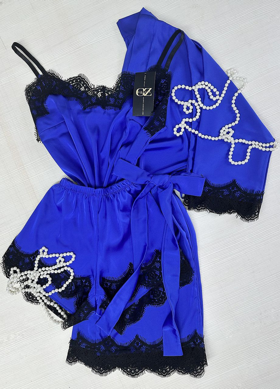 Синяя всесезон шелковый домашний комплект шортики+майка+халат шелк с кружевом (тройка) 52 синий_синий (17111-157/88) Ghazel
