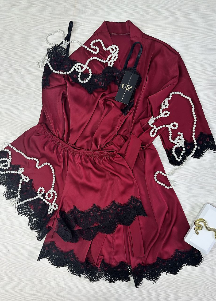 Бордова всесезон шовковий домашній комплект шортики+майка+халат шовк з мереживом (трійка) 50 бордовий (17111-157/8) Ghazel