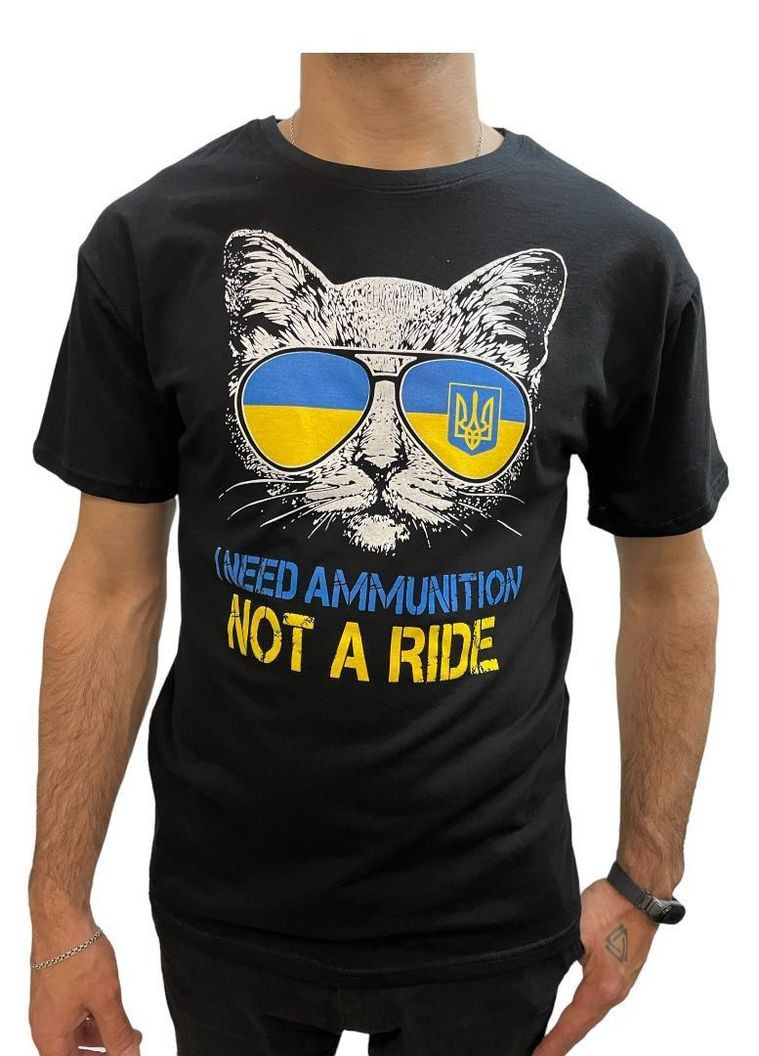 Чорна футболка чоловіча патріотична з оригінальним принтом кіт ААА