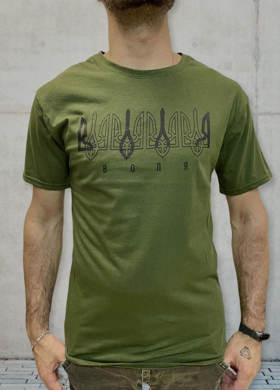 Хакі (оливкова) футболка чоловіча патріотична з оригінальним принтом воля ААА