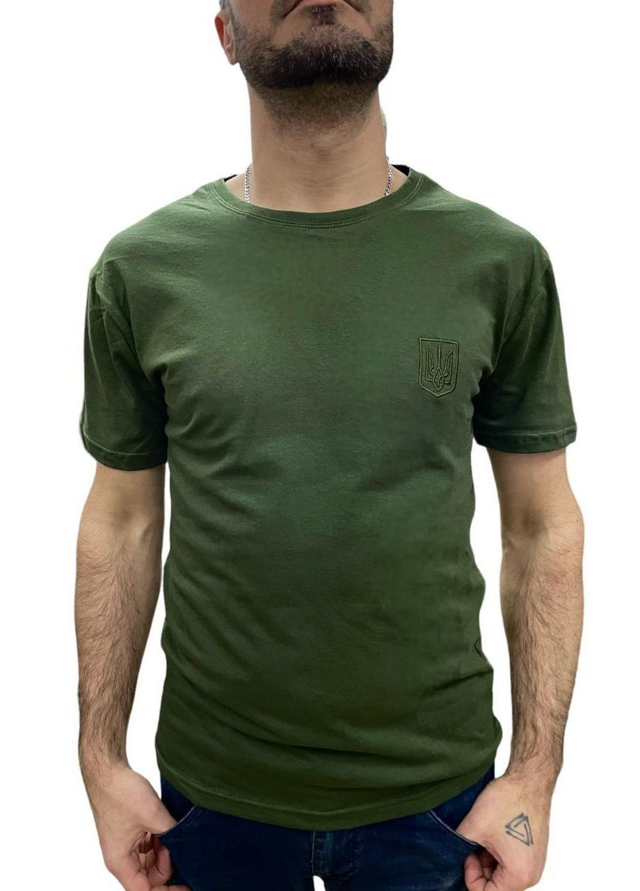 Зелена футболка чоловіча патріотична з оригінальним принтом тризуб ААА