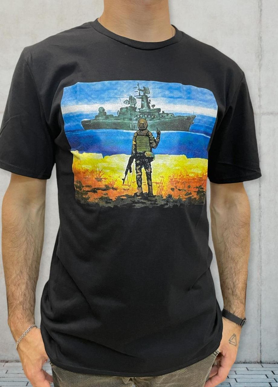 Черная футболка мужская патриотическая с оригинальным принтом корабль ААА