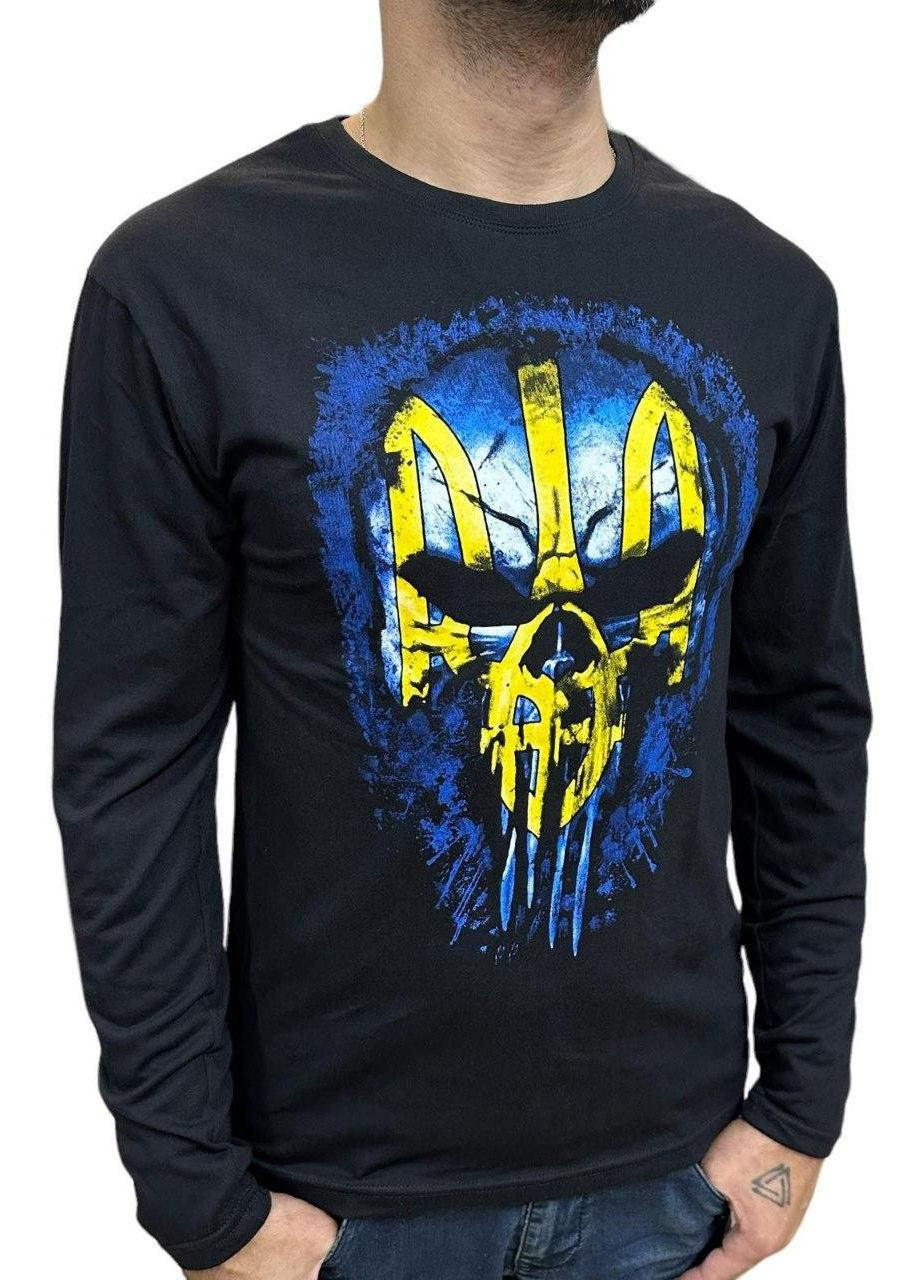 Чорна футболка чоловіча з довгим рукавом з оригінальним принтом тризуб ААА