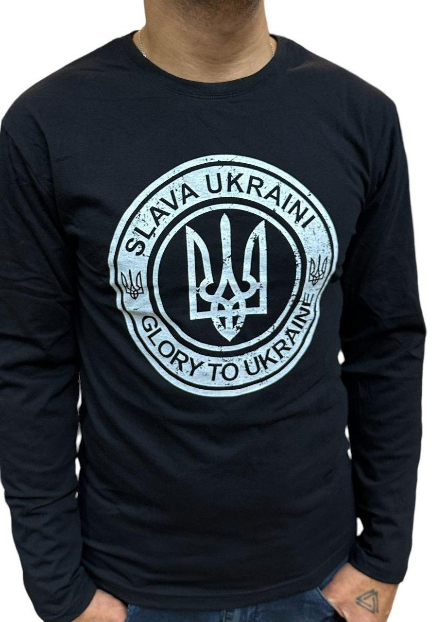 Чорна футболка чоловіча з довгим рукавом з оригінальним принтом слава україні ААА