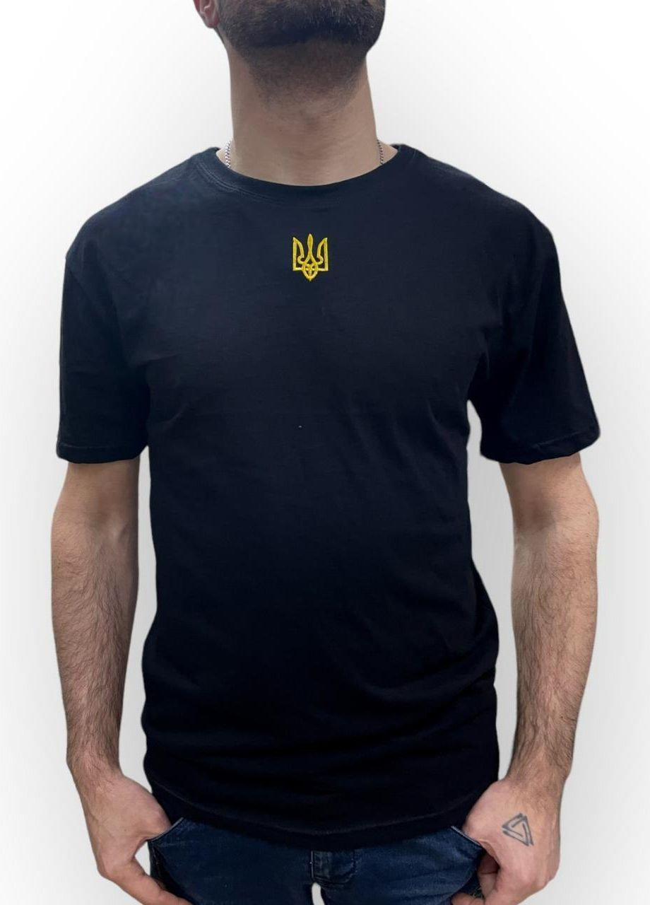 Черная футболка мужская патриотическая с оригинальным принтом з тризубом ААА