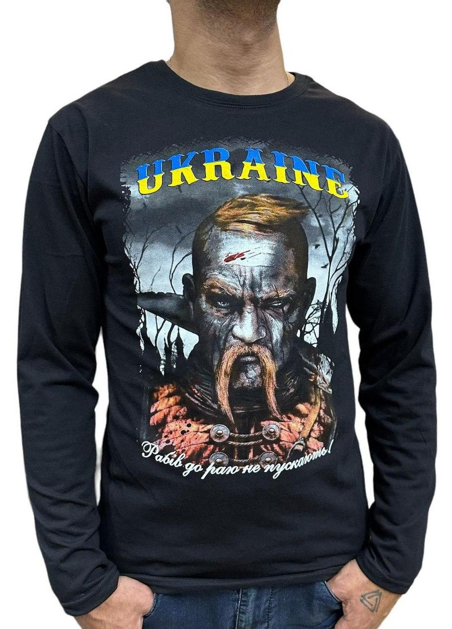Чорна футболка чоловіча з довгим рукавом з оригінальним принтом козак ААА