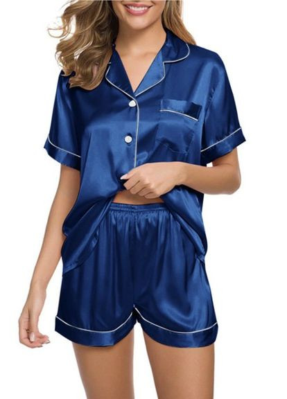 Синяя всесезон атласная пижама костюм с шортами шелковые объятия july's song размер xxl 50 синий No Brand