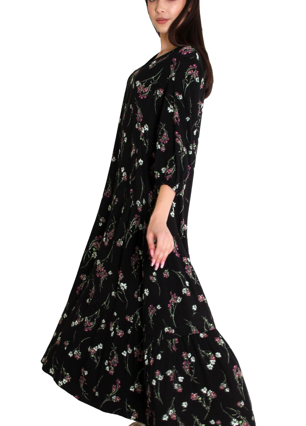 Черное кэжуал черное платье-трапеция с цветочным рисунком из штапеля. а-силуэт Anna Dali с цветочным принтом