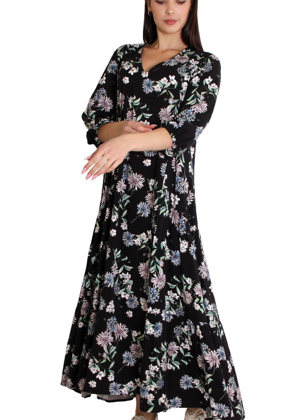 Чорна кежуал чорна сукня-трапеція з квітковим малюнком зі штапелю. а-силует Anna Dali з квітковим принтом