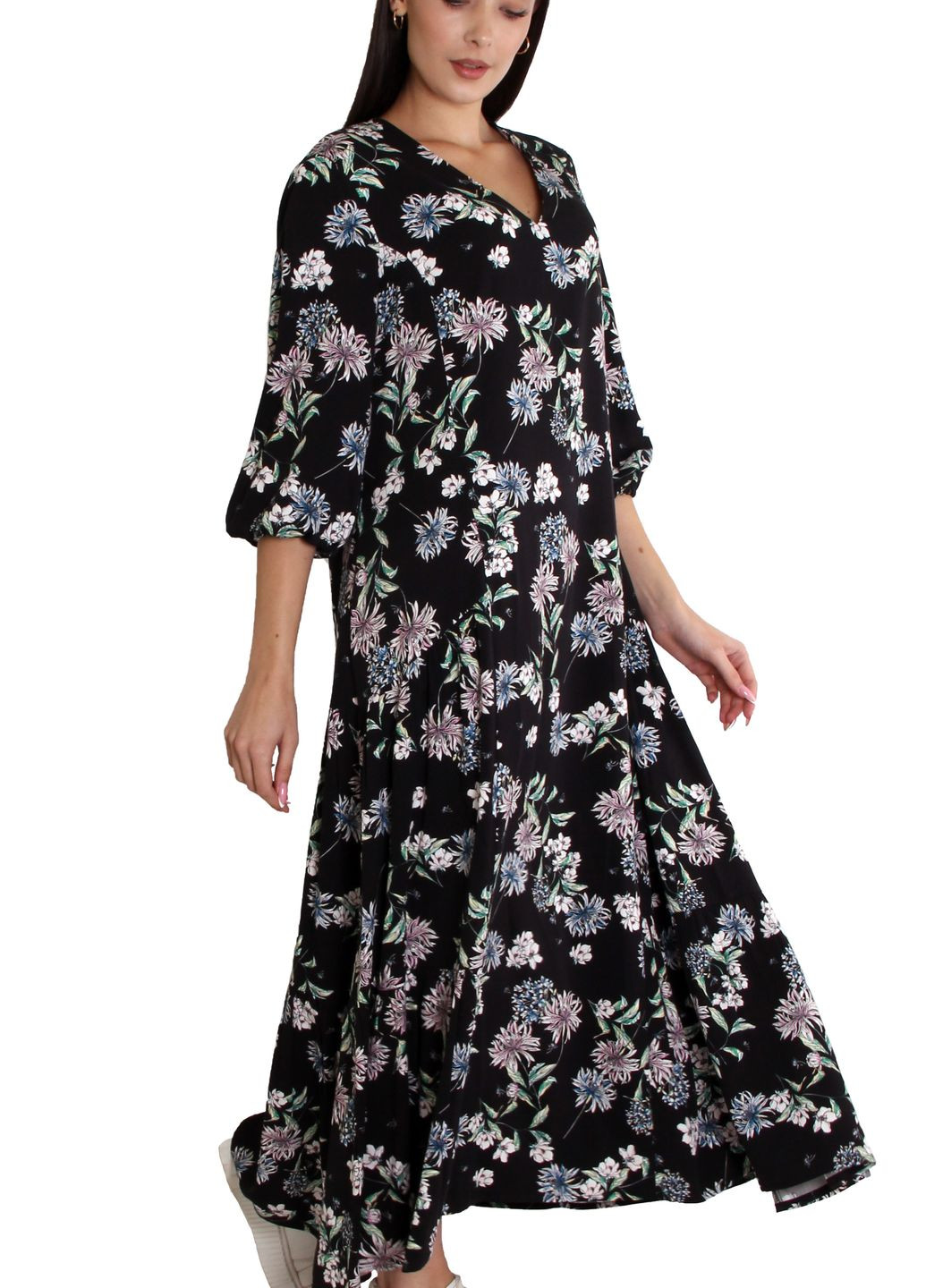Черное кэжуал черное платье-трапеция с цветочным рисунком из штапеля. а-силуэт Anna Dali с цветочным принтом