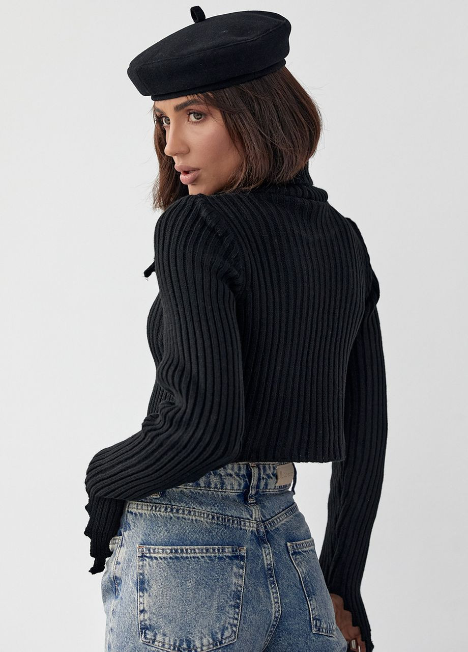 Чорний зимовий укорочений светр з рельєфною горловиною та рукавами Lurex