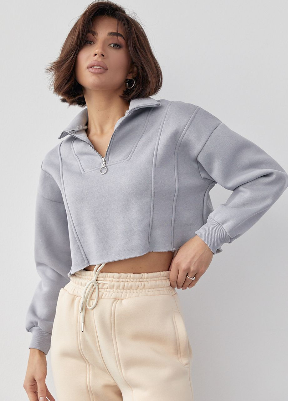 Сірий короткий жіночий світшот із блискавкою на горловині Lurex (266267140)