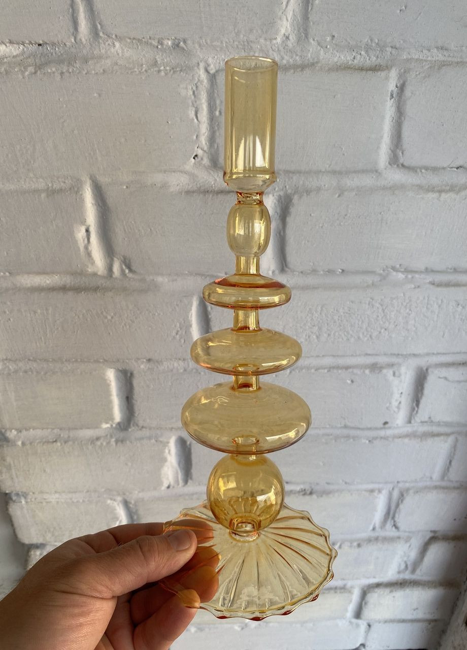 Підсвічник святковий REMY-DEСOR скляний Престиж жовтого кольору для тонкої свічки висота 28 см декор для дому REMY-DECOR (266345152)