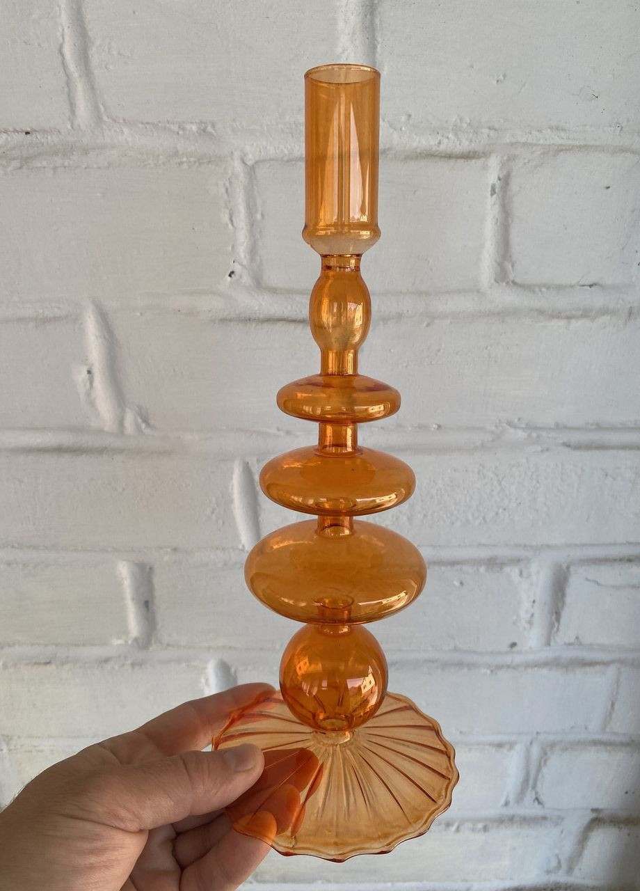 Подсвечник праздничный REMY-DEСOR стеклянный Престиж оранжевого цвета для тонкой свечи высота 28 см декор дома REMY-DECOR (266345130)