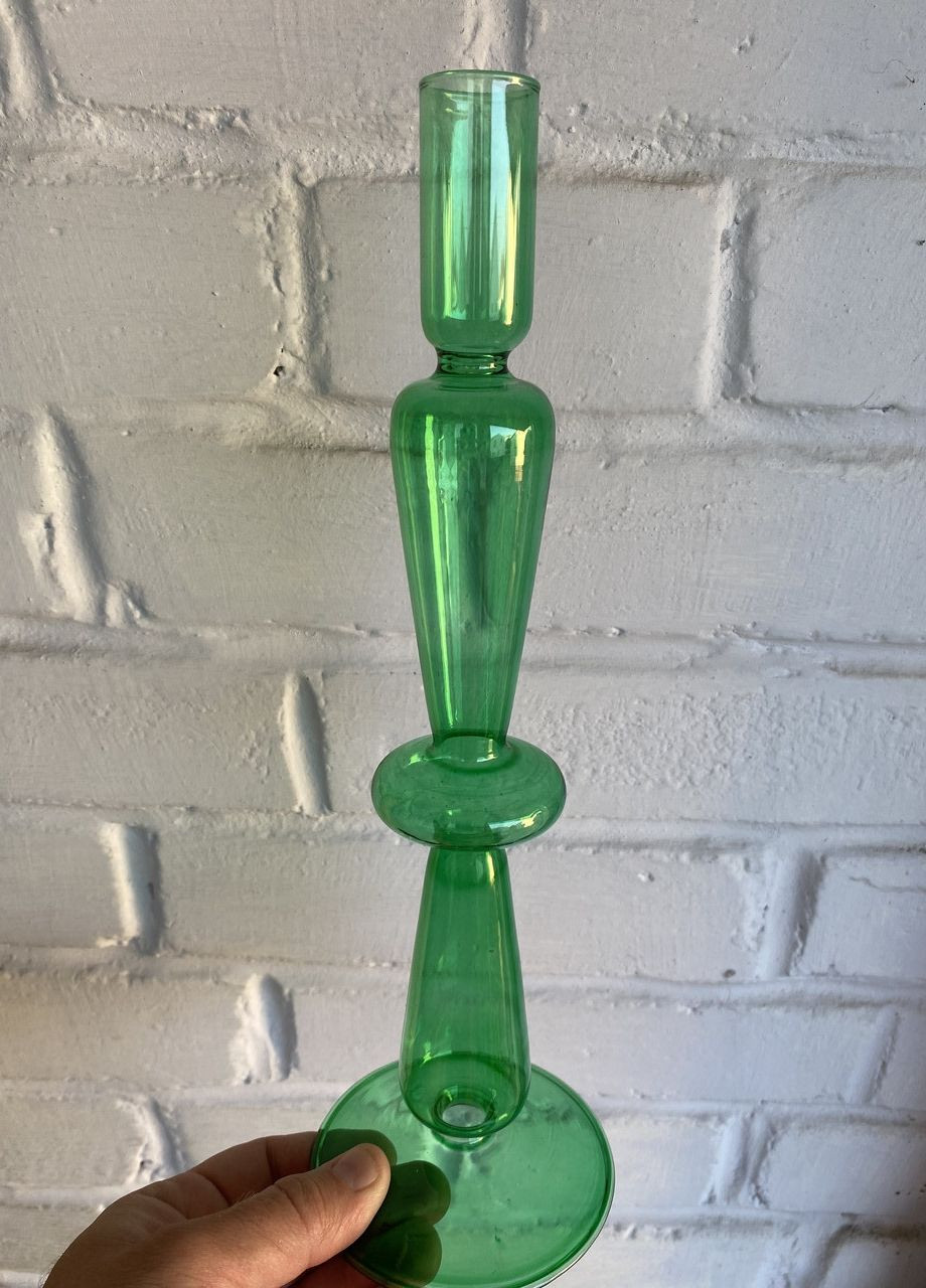Подсвечник праздничный REMY-DEСOR стеклянный Ваакс зеленого цвета для тонкой свечи высота 30 см декор дома REMY-DECOR (266345140)