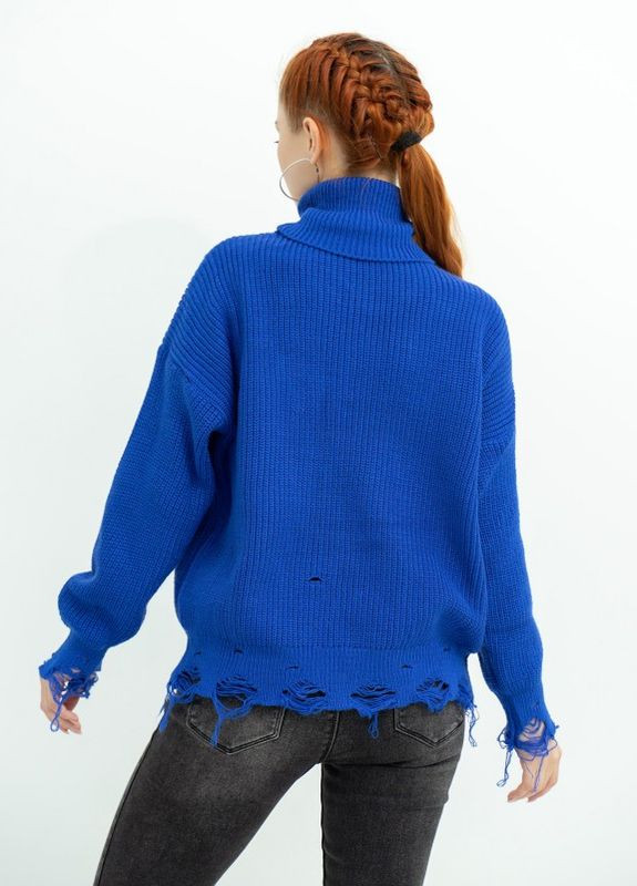 Голубой зимний синий удлиненный свитер с высоким горлом и перфорацией Magnet