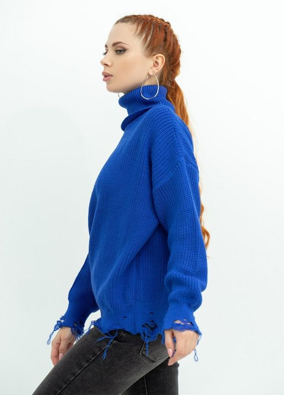 Блакитний зимовий синій подовжений светр з високим горлом та перфорацією Magnet