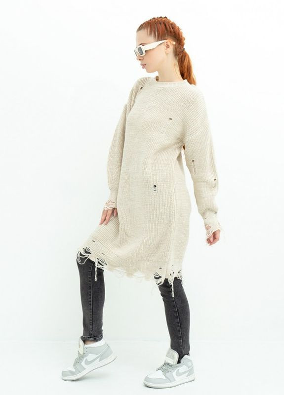 Бежевый зимний бежевый длинный свитер-платье с перфорацией Magnet