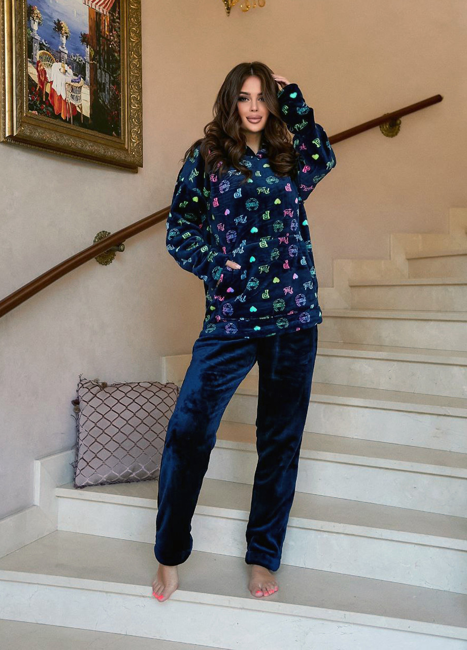 Синя зимня теплий домашній костюм-піжама із капюшоном свитшот + брюки Selim-tekstil