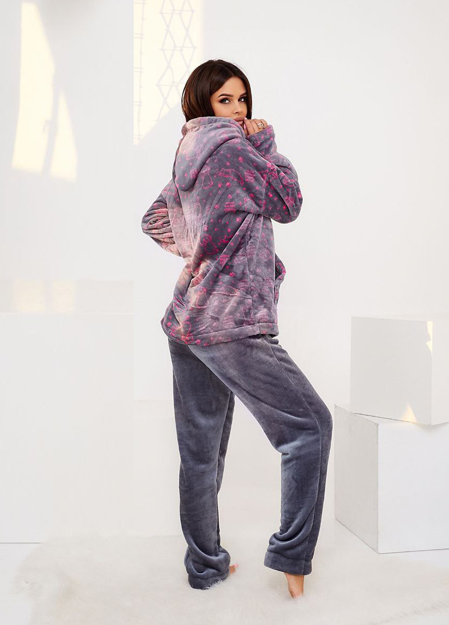 Серая зимняя теплый домашний костюм-пижама с капюшоном свитшот + брюки Selim-tekstil