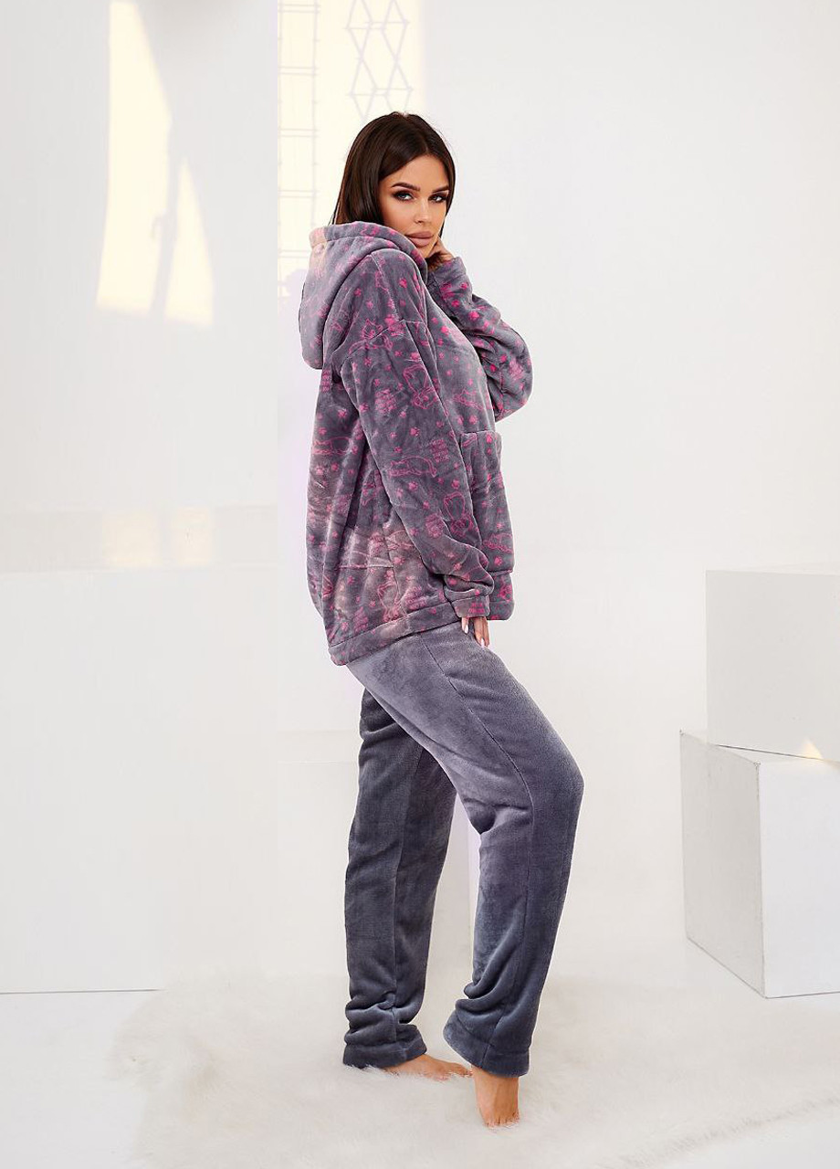 Сіра зимня теплий домашній костюм-піжама із капюшоном свитшот + брюки Selim-tekstil