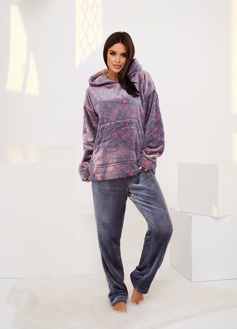 Сіра зимня теплий домашній костюм-піжама із капюшоном свитшот + брюки Selim-tekstil
