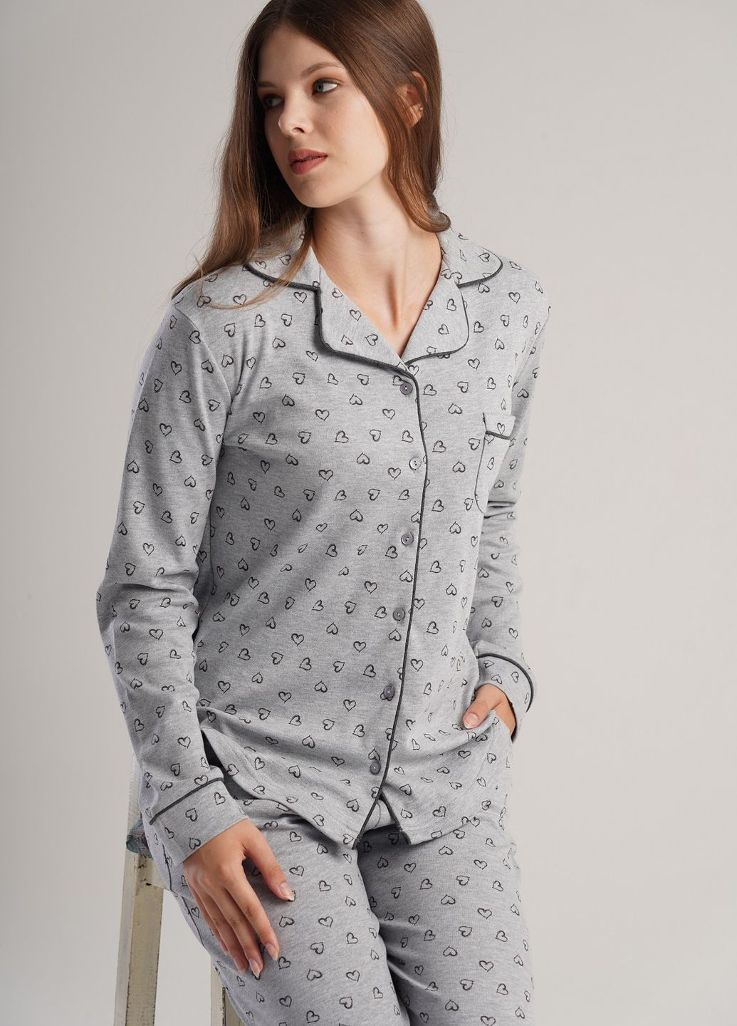 Серая зимняя пижама женская на пуговицах (рубашка, штаны) рубашка + брюки Vienetta