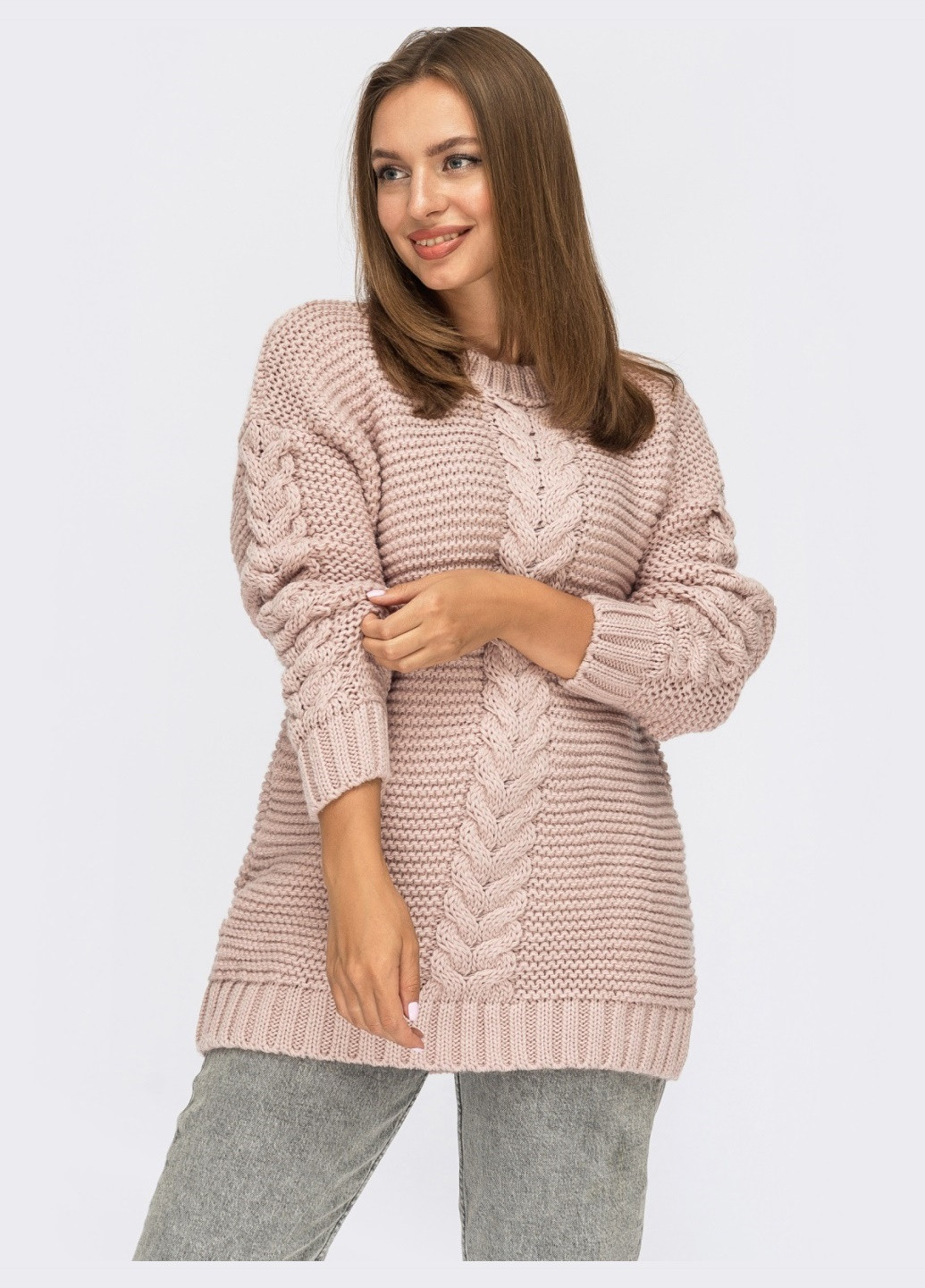 Пудровий зимовий пудровий светр з косами по поличці і рукавах Dressa