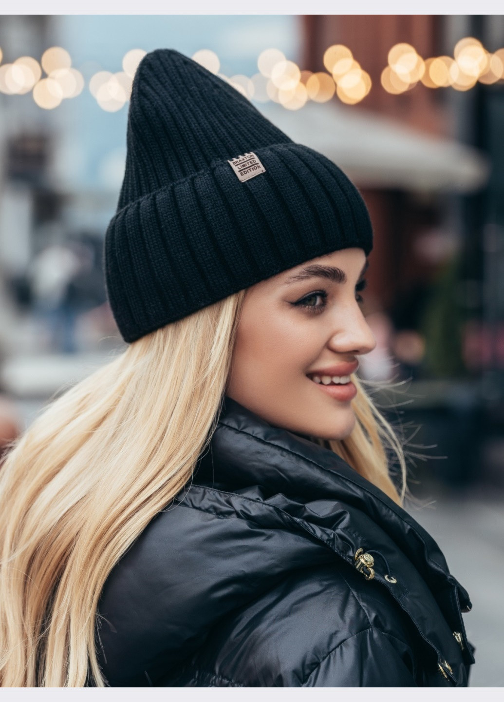 демісезонна шапка-біні з підворотом чорна Dressa (266622484)